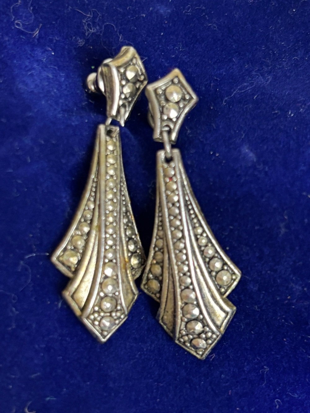 Vintage Silver Tone Marcasite Look Drop Earrings